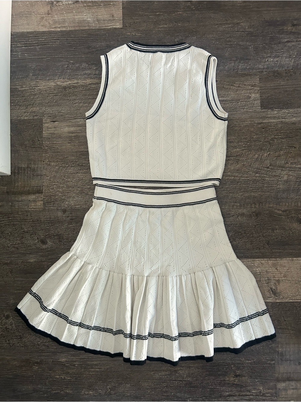 White Knit Two Piece Set with Navy Trim - Picture 4 of 4